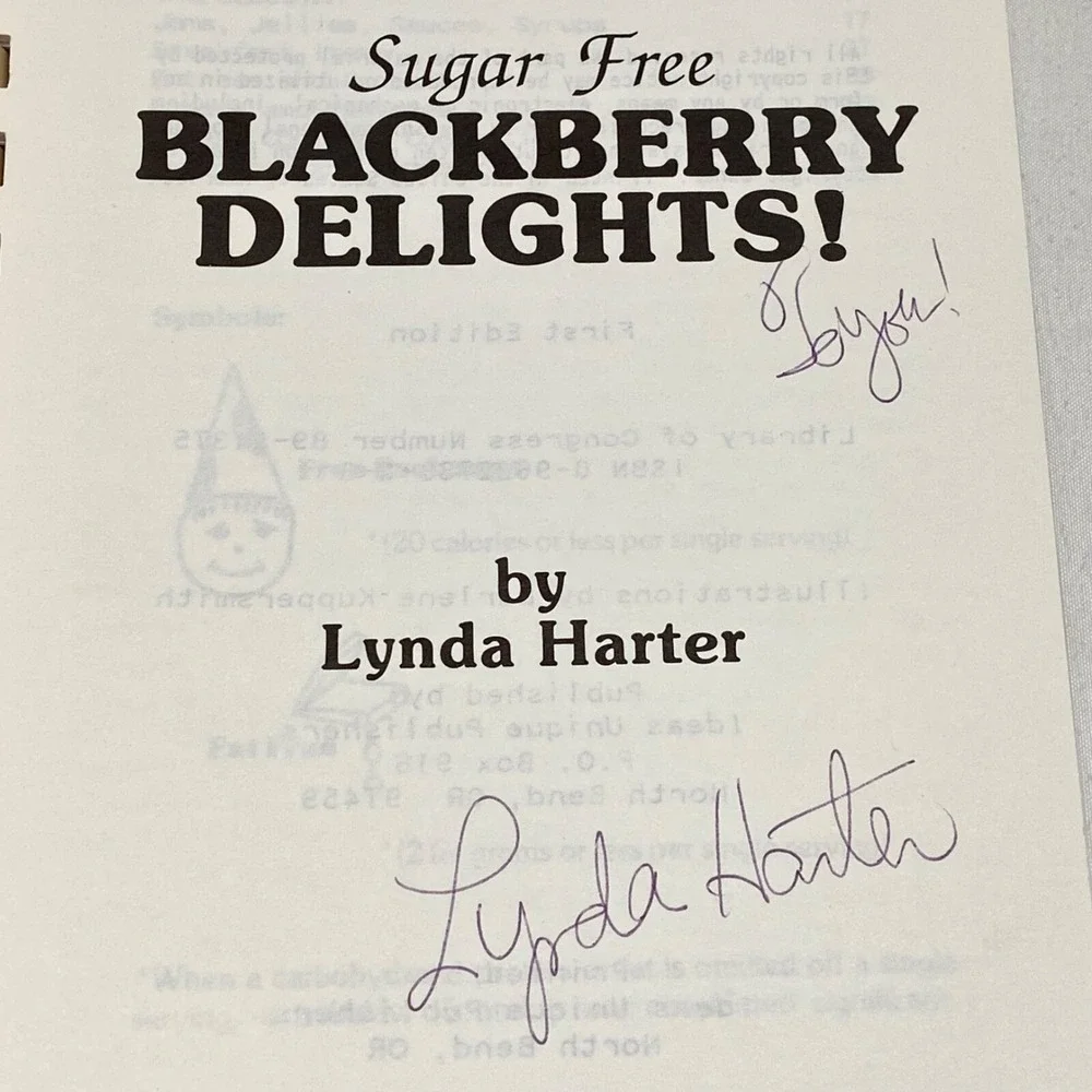 Vintage Sugar Free Blackberry Delights Cookbook‎ Lynda Harter Author Signed 1990